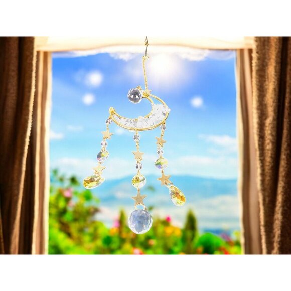 Celestial Crescent Moon Crystal Suncatcher 13.4” x 2.75” Window Prism - Picture 2 of 10